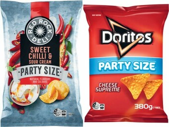Coles Smith’s Crinkle Cut Potato Chips or Doritos Corn Chips Party Size 380g or Red Rock Deli Potato Chips Party Size 290g offer