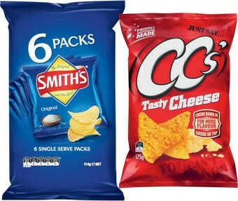 Coles Smith’s Chips 6 Pack 114g, Jumpy’s Snacks 5 Pack 90g or CC’s Corn Chips 175g offer