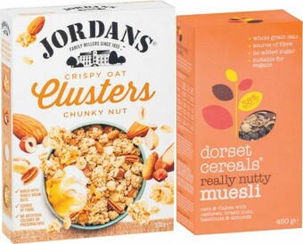 Coles Jordans Granola or Oat Clusters 500g-750g or Dorset Granola or Muesli 450g offer