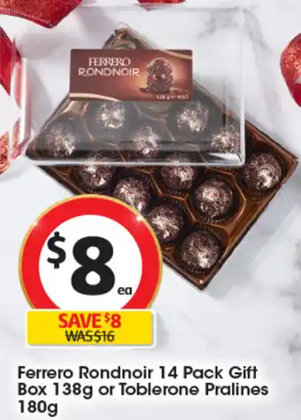 Coles Ferrero Rondnoir 14 Pack Gift Box 138g or Toblerone Pralines 180g offer