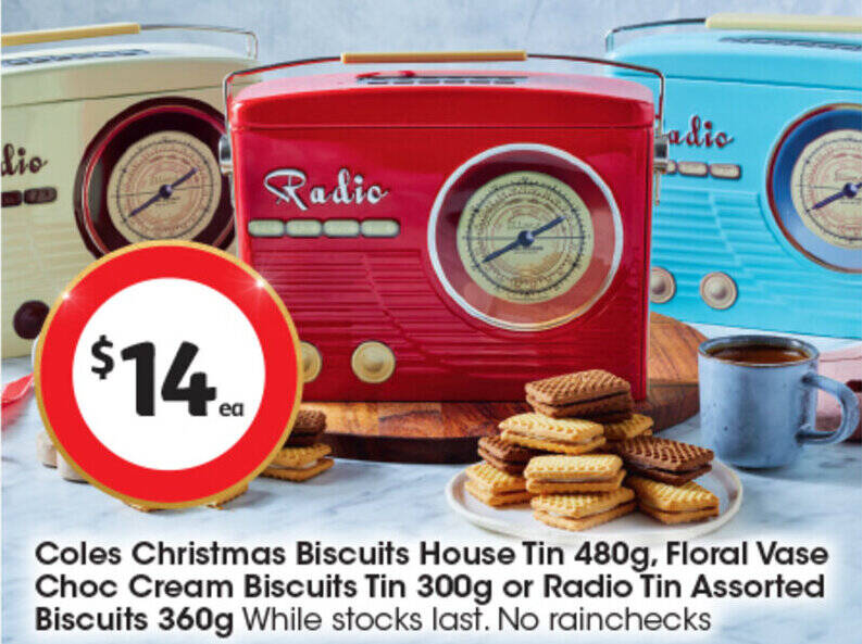 Coles Christmas Biscuits House Tin 480g, Floral Vase Choc Cream