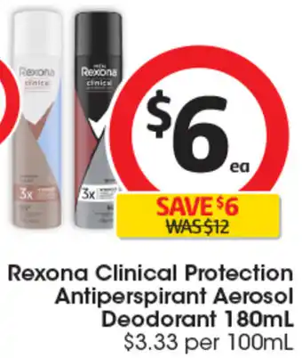 Coles Rexona Clinical Protection Antiperspirant Aerosol Deodorant 180mL offer