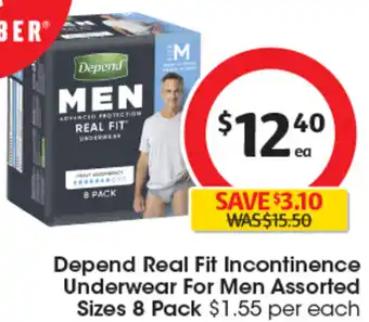 Coles Depend Real Fit Incontinence Underwear For Men Assorted Sizes 8 Pack offer