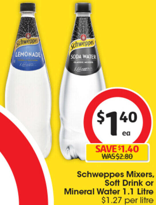 Schweppes Mixers, Soft Drink or Mineral Water 1.1 Litre offer at Coles