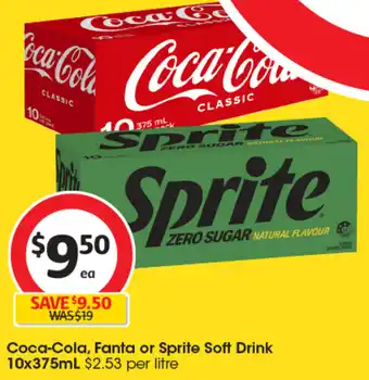 Coles Coca-Cola, Fanta or Sprite Soft Drink 10x375mL offer