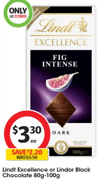 Coles Lindt Excellence or Lindor Block Chocolate 80g-100g offer