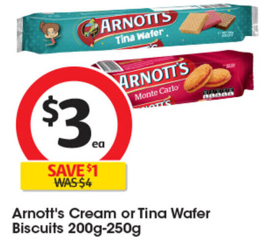Arnott's Cream or Tina Wafer Biscuits 200g250g offer at Coles