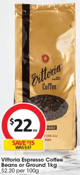 Coles Vittoria Espresso Coffee Beans or Ground 1kg offer