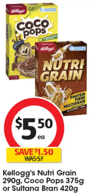 Coles Kellogg's Nutri Grain 290g, Coco Pops 375g or Sultana Bran 420g offer
