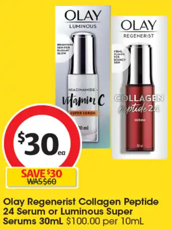 Coles Olay Regenerist Collagen Peptide 24 Serum or Luminous Super Serums 30mL offer
