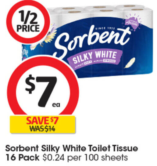 Sorbent Silky White Toilet Tissue 16 Pack offer at Coles