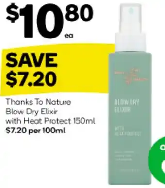 Woolworths Thanks To Nature Blow Dry Elixir with Heat Protect 150ml offer