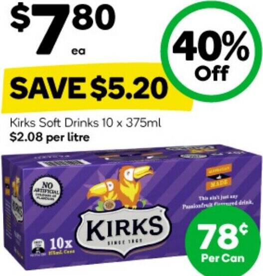 Kirks Soft Drinks 10 x 375ml offer at Woolworths