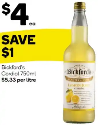 Woolworths Bickford's Cordial 750ml offer