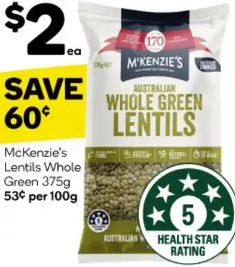Woolworths McKenzie's Lentils Whole Green 375g offer