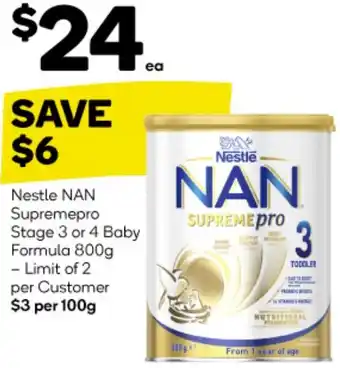 Woolworths Nestle NAN Supremepro Stage 3 or 4 Baby Formula 800g offer