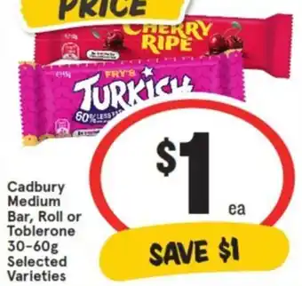 IGA Cadbury Medium Bar, Roll or Toblerone 30-60g offer