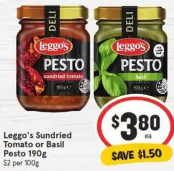 IGA Leggo's Sundried Tomato or Basil Pesto 190g offer
