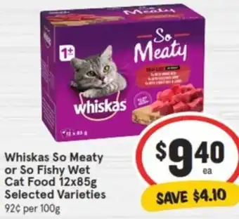 IGA Whiskas So Meaty or So Fishy Wet Cat Food 12x85g offer