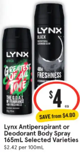 IGA Lynx Antiperspirant or Deodorant Body Spray 165mL offer