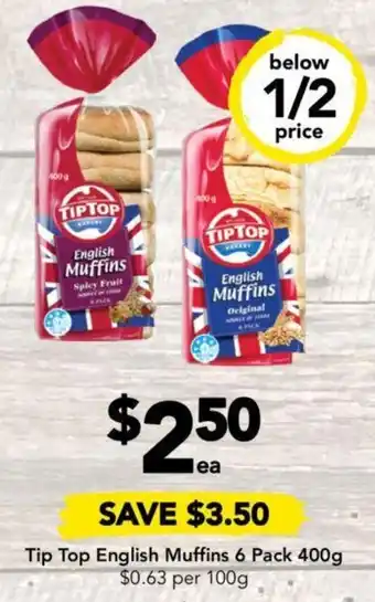 Drakes Tip Top English Muffins 6 Pack 400g offer