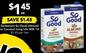 Drakes Sanitarium So Good Almond or Coconut Long Life Milk 1lt offer