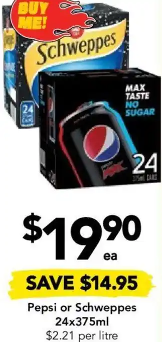 Drakes Pepsi or Schweppes 24x375ml offer