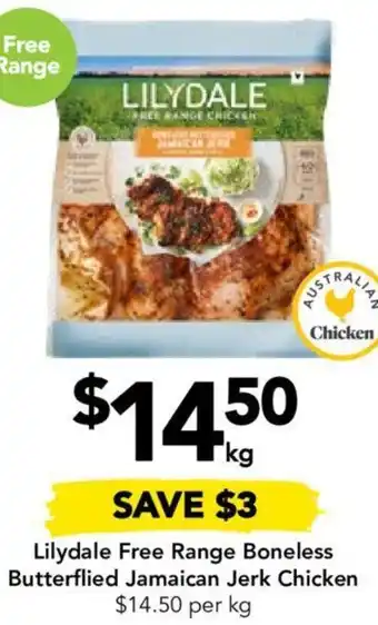 Drakes Lilydale Free Range Boneless Butterflied Jamaican Jerk Chicken offer