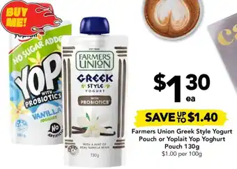Drakes Farmers Union Greek Style Yogurt Pouch or Yoplait Yop Yoghurt Pouch 130g offer