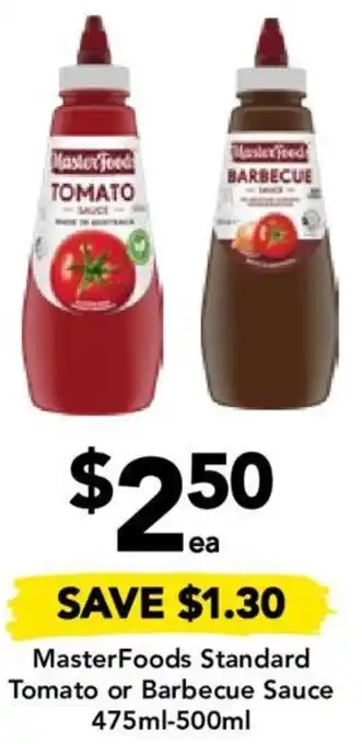 Drakes MasterFoods Standard Tomato or Barbecue Sauce 475ml-500ml offer