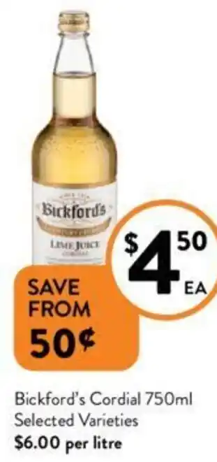 Foodworks Bickford's Cordial 750ml offer