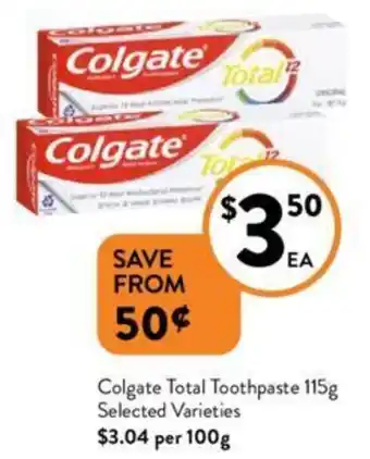 Foodworks Colgate Total Toothpaste 115g offer