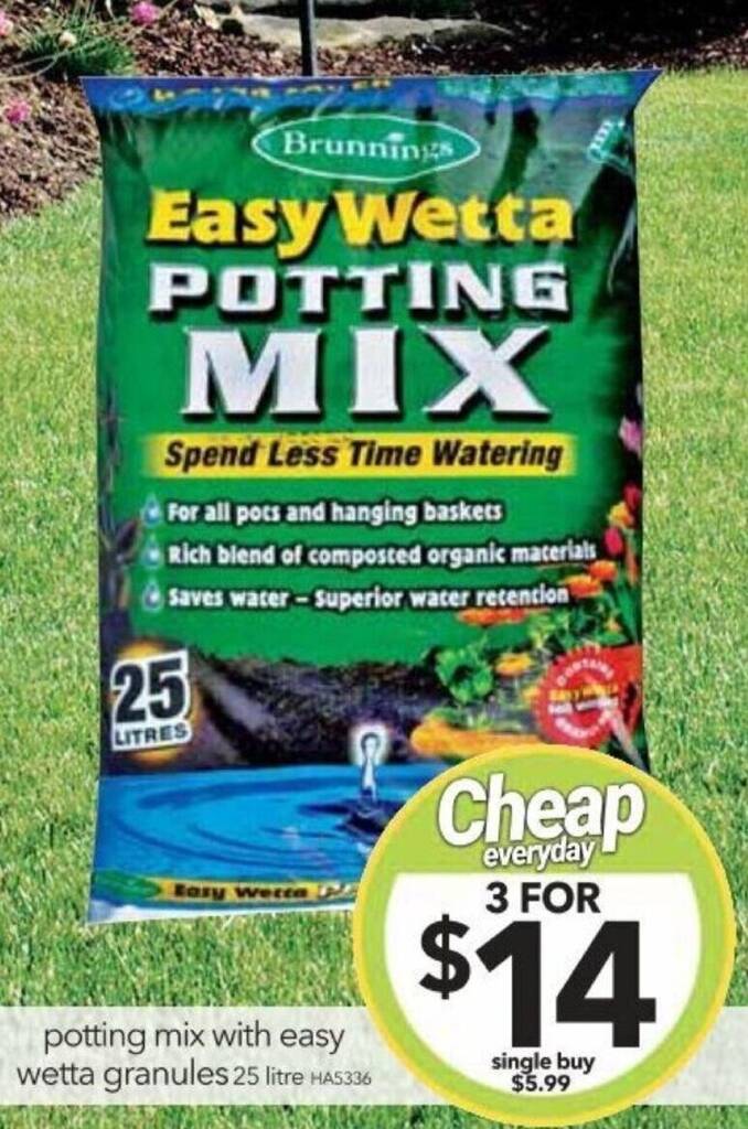potting mix with easy wetta granules 25 litre offer at Cheap as Chips