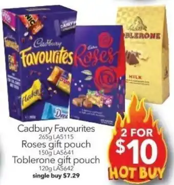 Cheap as Chips Cadbury Favourites, Roses gift pouch, Toblerone gift pouch offer