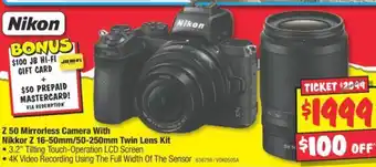 JB Hi-Fi Z 50 Mirrorless Camera With Nikkor Z 16-50mm/50-250mm Twin Lens Kit offer