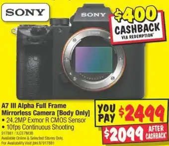 JB Hi-Fi A7 III Alpha Full Frame Mirrorless Camera offer