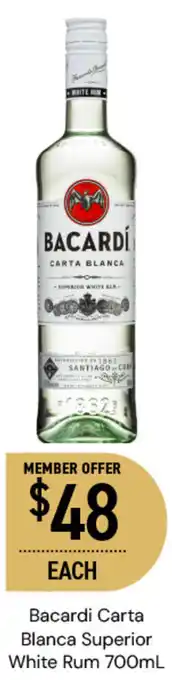 Dan Murphy's Bacardi Carta Blanca Superior White Rum 700mL offer