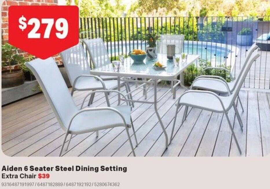 Aiden 6 Seater Steel Dining Setting Extra Chair offer at Mitre 10