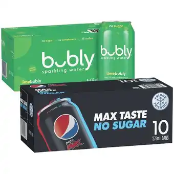 Woolworths Pepsi, solo, mountain dew, schweppes lemonade soft drink varieties, schweppes infused mineral water 10 x 375ml or bubly 8 x 3 offer