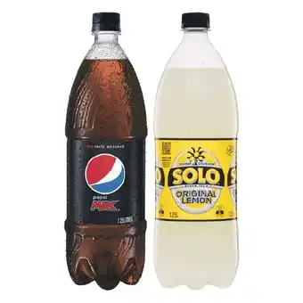 Woolworths Pepsi, solo, mountain dew or schweppes lemonade soft drink varieties 1.25 litre offer