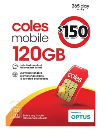 Coles Coles mobile $150 prepaid sim offer