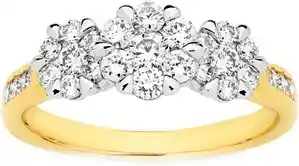 9ct gold diamond cluster trilogy ring
