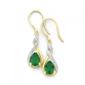 Prouds 9ct gold created emerald & diamond drop earrings offer
