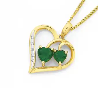 Prouds 9ct gold created emerald & diamond heart pendant offer