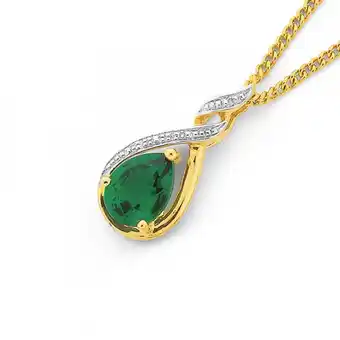 Prouds 9ct gold created emerald & diamond pendant offer