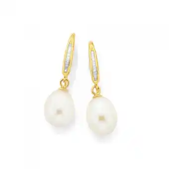 Prouds 9ct gold cultured fresh water pearl & diamond drop earrings offer