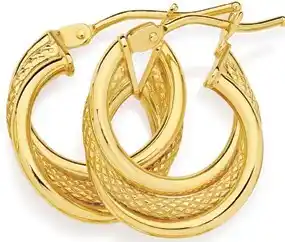9ct gold 10mm plain & patterned triple hoop earrings