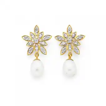 Prouds 9ct gold cultured freshwater pearl & diamond flower stud earrings offer