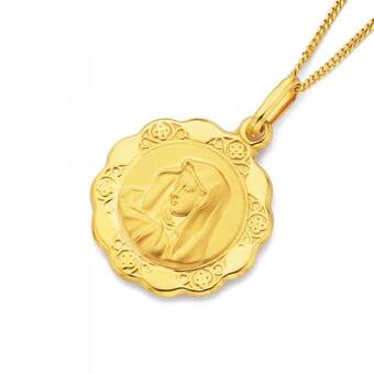 Prouds 9ct gold 16mm scalloped edge madonna pendant offer
