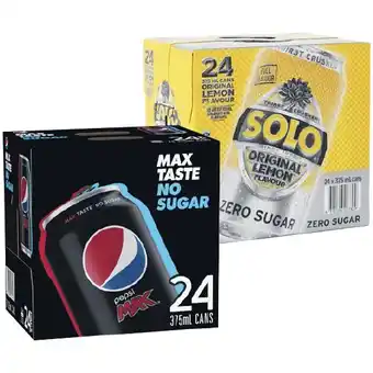 Woolworths Pepsi max, solo zero, sunkist zero or mountain dew pk 24 x 375ml offer